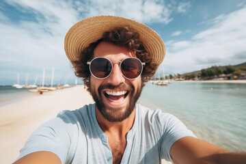 A happy tourist in sunglasses takes a selfie self-portrait on the beach. Smiling man on vacation looking at the camera. Holidays and travel