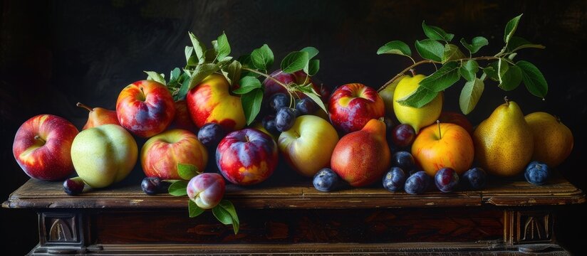 This painting depicts a collection of late summer fruits such as apples, pears, and plums arranged on a table. The fruits are vividly captured with a focus on their colors and textures, showcasing a