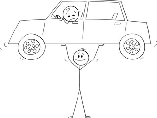 Person or Businessman Lifting Car in Hands, Vector Cartoon Stick Figure Illustration - 747244707