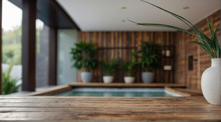 Empty wooden table with heated spa pool in indoor bokeh in the background for product display, space for text
