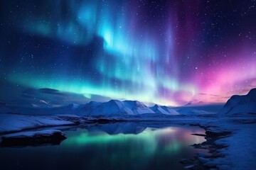 beautiful polar lights in mountain winter landscape