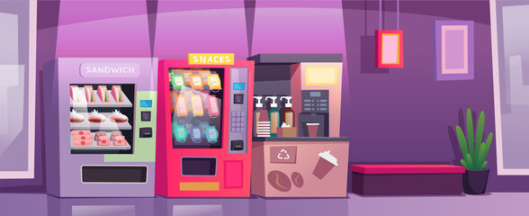 Vending machine in market. Mall or grocery food markets with vending machines exact vector cartoon background - obrazy, fototapety, plakaty
