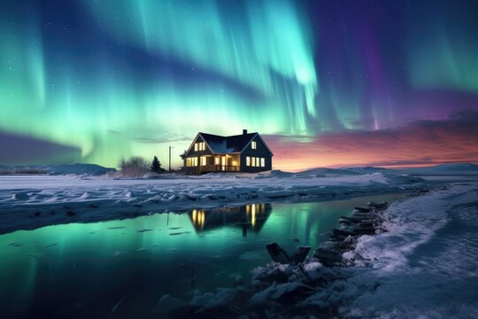 house in winter landscape on polar lights sky background