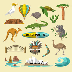 Fototapeta premium Australia icons. Native identity elements of australia recent vector national illustrations in flat style
