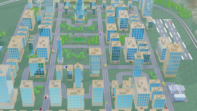 3D model of a stylized cartoon city with driving cars. 3d render