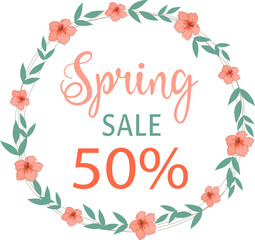 Spring sale 50% Lettering for discount purchase, Banner with color leaves. Vector illustration.