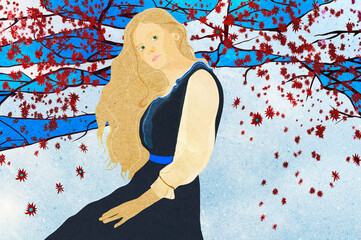 Ilustracja młoda kobieta w długiej sukni na tle kwitnącego drzewa wiśni i nieba. - 747245120