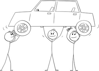 Person or Businessman Lifting Car for Repair, Vector Cartoon Stick Figure Illustration - 747245139