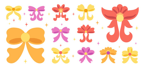 Set of bow ribbons for presents, bowknots drawings and stickers, vector design elements collection.