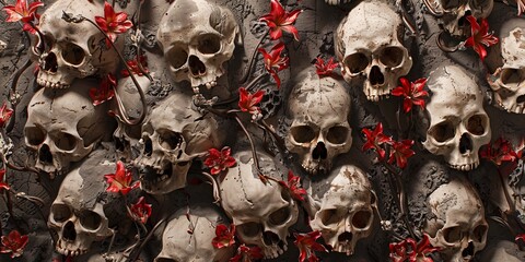 Bloody Skulls and Red Flowers A Macabre Monthly Event Generative AI - obrazy, fototapety, plakaty
