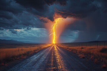 Naklejka na ściany i meble Lightning Bolt Striking Road in Remote Area