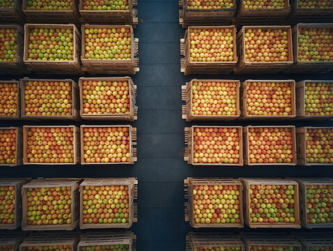 Top view of fruit crates in organic food factory warehouse.