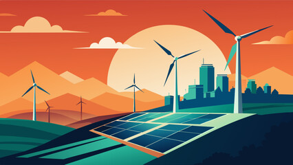 Renewable energy sources, wind turbines and solar panels. The extraction of electricity in a clean way.Vector illustration