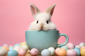 Bunny in teacup with small easter eggs in front of pink backgorund - obrazy, fototapety, plakaty