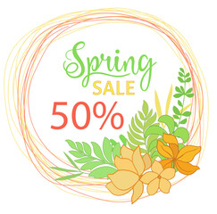 Fototapeta na wymiar Spring sale 50% Lettering for discount purchase, Banner with color leaves. Vector illustration.