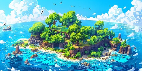 Aquatic Paradise A Digital Artwork of a Lush Island with a Sandy Shore and a Blue Ocean Generative AI