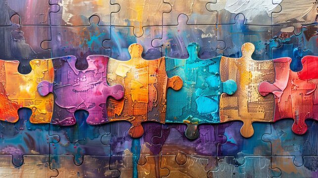 Watercolor texture puzzle pieces symbolize connection, diversity, unity in colorful abstract design