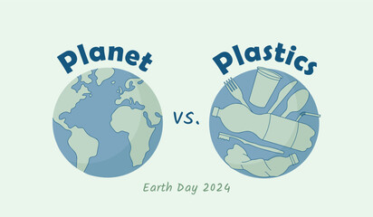 Planet vs. Plastics Earth Day 2024 theme, beat plastic pollution, vector illustration - obrazy, fototapety, plakaty