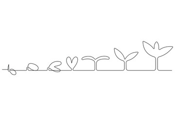 Continuous single line art drawing of plant growth processing from seed outline vector