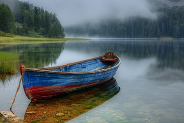 Obraz premium Blue and Red Boat on Lake