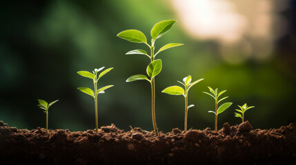 Stages of plant growth in soil. Five saplings at different growth stages emerge from fertile soil, backlit by a soft glow of sunlight. Natural progression of plant development.