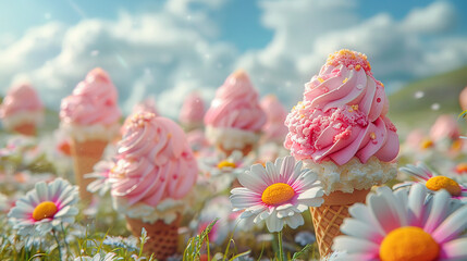 Ice cream and flowers in the sky, spring season to summer season, sweet color illustration, ice cream strawberry, daisy flower, Background cover banner 16:9 wallpaper fantasy landscape