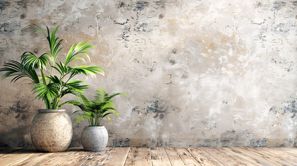 Three Potted Plants in Front of Concrete Wall
