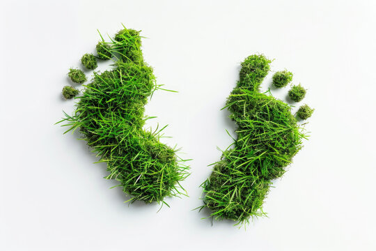 Footprint made of lush green grass isolated on white background, ecological footprint concept