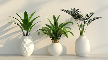 Group of Three White Vases With Plants