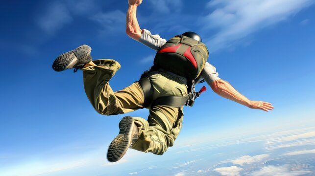 Skydiver falls through the air. Each second a new chapter of flight.