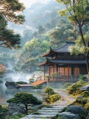 Painting of a Japanese Garden With a Pagoda