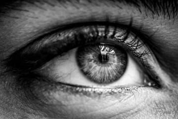 a close up of a person s eye in a black and white photo