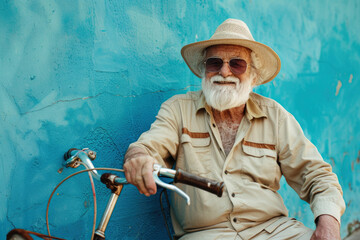Happy and cheerful elderly beard man with bike on a blue background