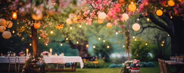 blurry garden wedding background decorated with fairy lights in summer - obrazy, fototapety, plakaty