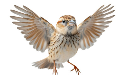 Magnificent view of a sparrow with wings outstretched in mid-flight, showcasing the details of its plumage