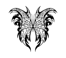 Set of elements Neo tribal tattoo butterfly shape modern acid graphic design clip art gothic flame emo goth 2000s Aesthetic style y2k wings ink black and white agressive line graphic ornamental doodle