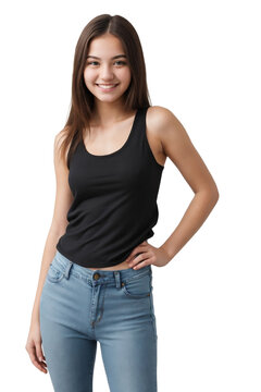 Casual teenager girl smiling and looking at the camera, isolated, transparent background, no background. PNG.