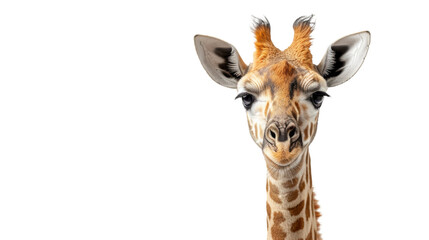A crisp portrait of a giraffe with a calm and majestic appearance, its long neck leading to an elegant face