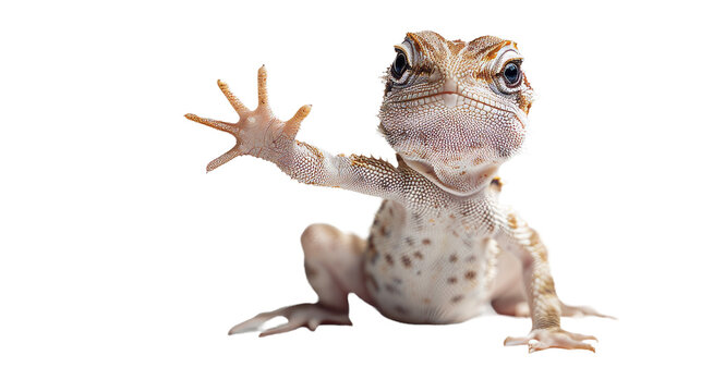 A highly detailed image of a gecko lizard making a quirky and humorous hand gesture, displayed in a lifelike pose