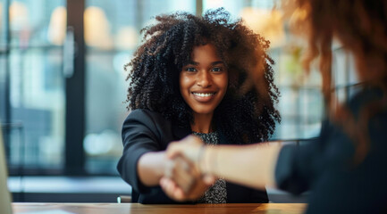 Handshake, business and woman in an interview or greeting for meeting, partnership agreement or promotion. Closeup, female, hands or businesspeople agree to deal for contract, negotiation or trade - obrazy, fototapety, plakaty