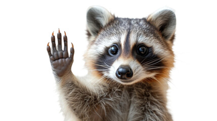 Charming raccoon with a raised paw, vivid eyes, and detailed fur texture, conveying a friendly hello