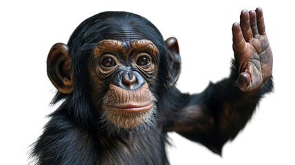 Close-up of chimpanzee with hand extended, detailed fur and skin texture, communicating a greeting...