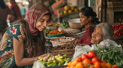 Portrait of two women in local market buying vegetables from bazaar