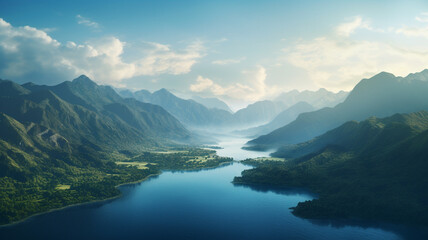 A high-angle view of a mountain range and a blue lake, presenting a picturesque and scenic landscape.