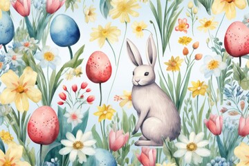 A painted bunny sits among Easter eggs among spring flowers. Concept for celebrating the arrival of spring and Easter