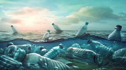 Empty plastic bottles flood the ocean or sea. Concept of ecological disaster, environmental pollution, world ocean
