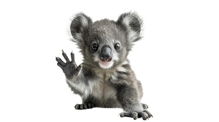 An adorable koala bear cub waving its paw with a friendly gesture, perfect for capturing the hearts of viewers with its cuteness