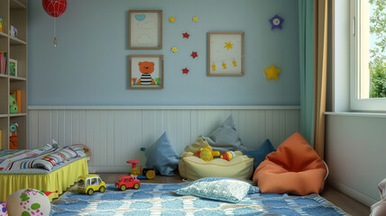 A child's bedroom, designed with colorful and playful elements to create a warm and inviting space for a young occupant.