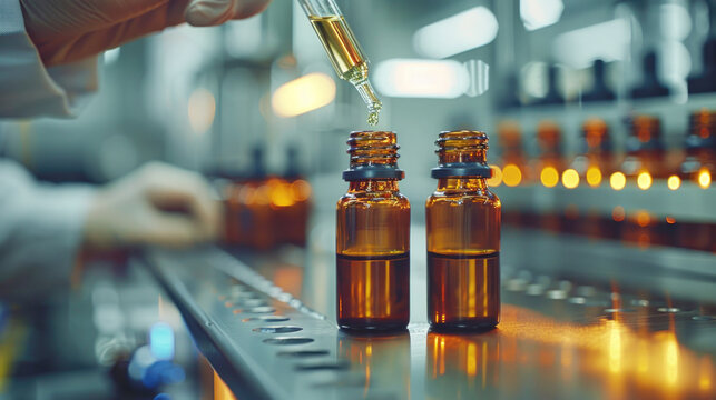 Person In A Lab Coat Is Filling Two Bottles With Liquid From A Small Dropper