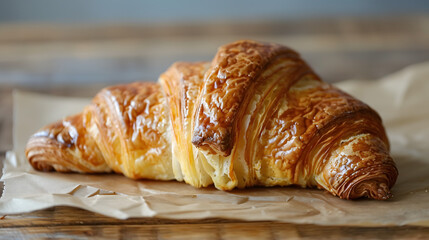 Croissant on wooden table with French bakery vibes.